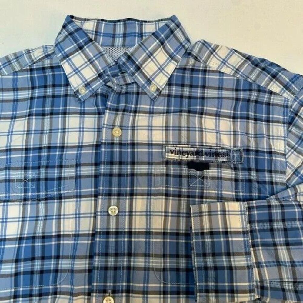 Vineyard Vines Harbor Shirt‎ Logo Whale Blue Plaid Nylon Vented Size Small